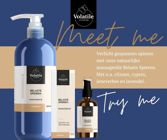 Blauwe pompflacon massageolie 'Belaste Spieren' van Volatile, naast een crème doosje en een bruine fles.