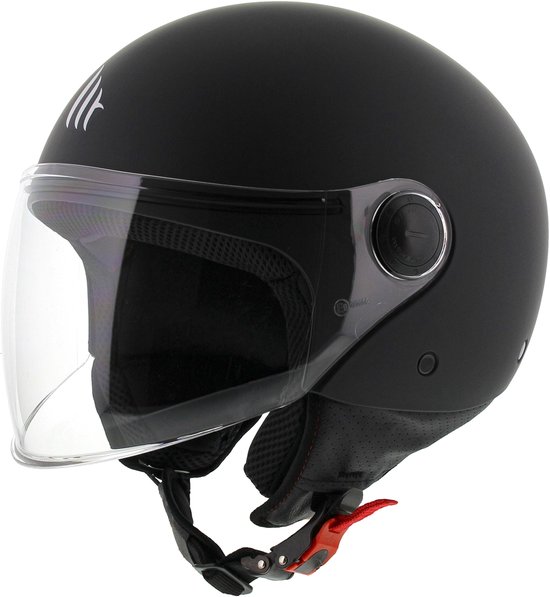 Casque MT Helm Street noir mat avec visière transparente, vu de l'arrière gauche.