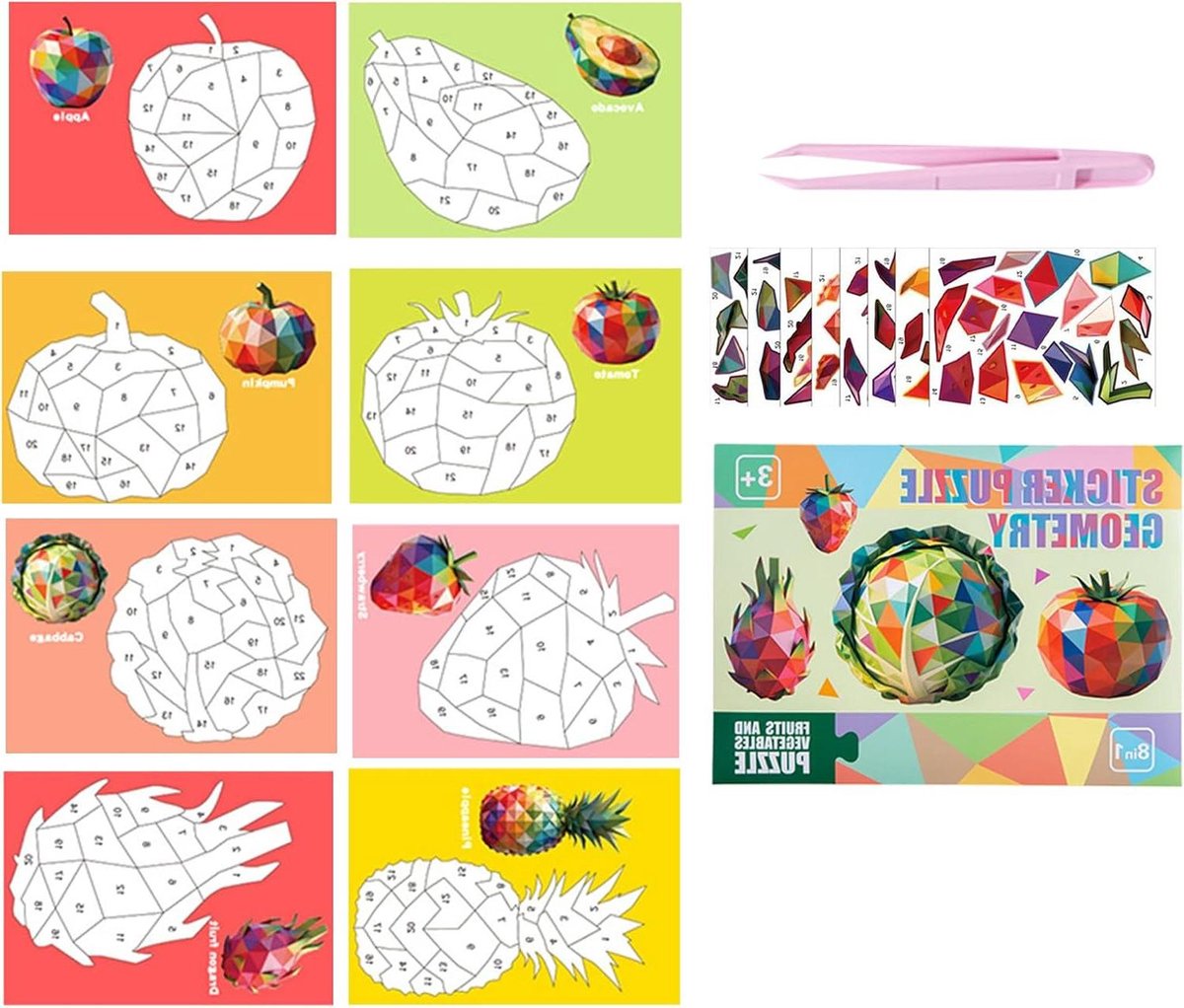 Stickerpuzzels - Nummer Puzzel - Creatief Leren - 3D Illustraties Maken - 28 x 20.5 cm - Fruit en Plant