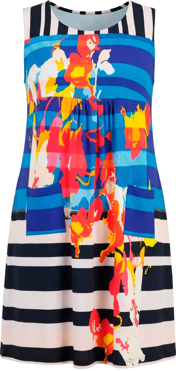 Ulla Popken Dames - Jersey jurk patchprint A-lijn ronde hals mouwloos - Marine - Maat 54+