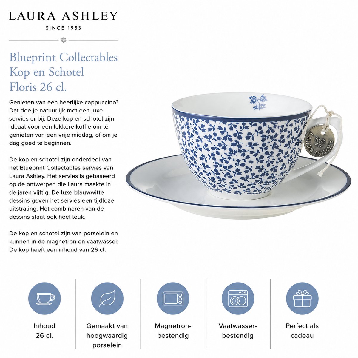Laura Ashley Blueprint Collectables Kop en Schotel koffie set - Floris 26 cl. - Porselein