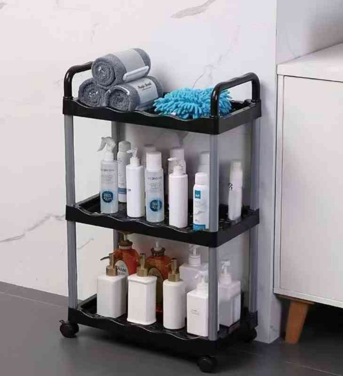 3-Laags Opbergrek op Wielen - Verrijdbare Opbergwagen - Trolley voor Badkamer, Keuken en Wasruimte - Zwart