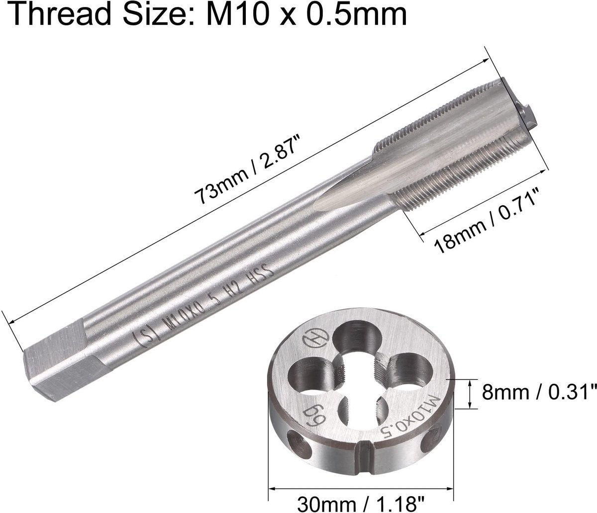 Dailygoods- Tap- en Matrijzenset M10 x 0,5 mm - Heavy-Duty - Schroefdraadmeter - Nauwkeurige Snijprestaties - Verlengde Duurzaamheid - Ideaal voor Reparatie - Schroefdraadset