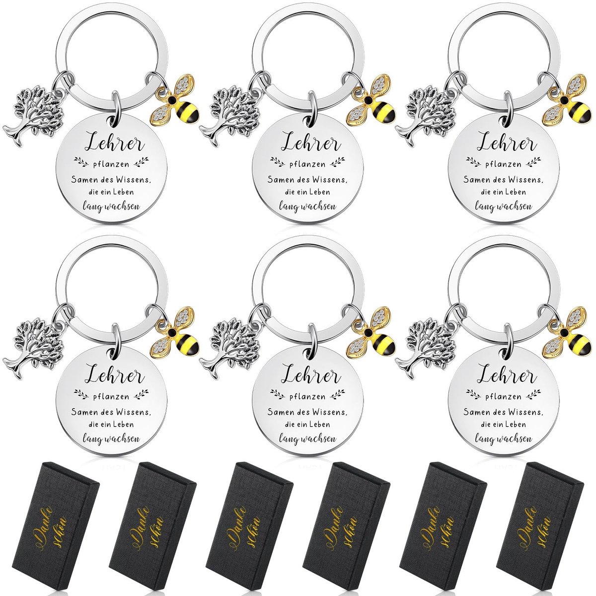 Dailygoods- Sleutelhanger Cadeauset - 6 Stuks - Roestvrij Staal - Leraren - Afscheidscadeau - Oogstfeest - Symbolisch Geschenk
