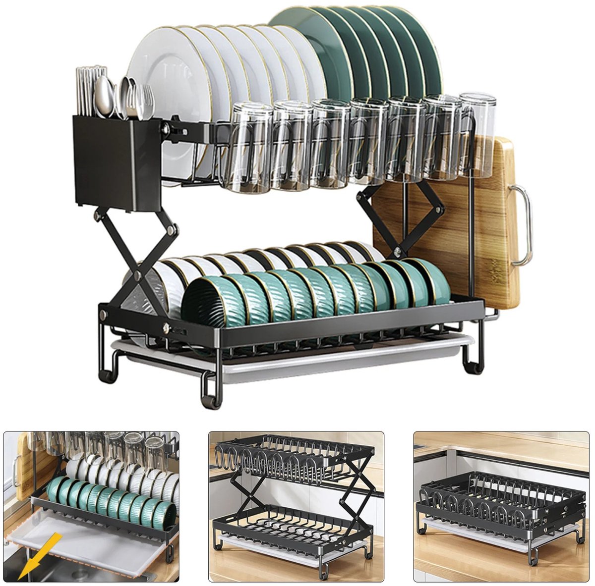Dailygoods 2-delige opvouwbare afdruiprek uitbreidbaar metalen keuken bestekorganizer met verwijderbare afdruipbak beste