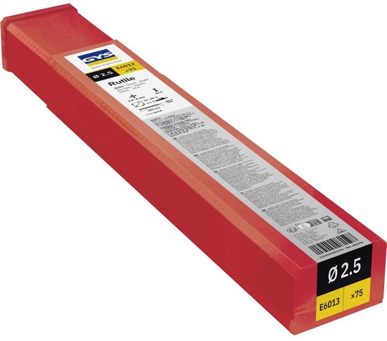 Een rode verpakking met 'GYS E6013 Rutile Ø 2.5 x75' erop.