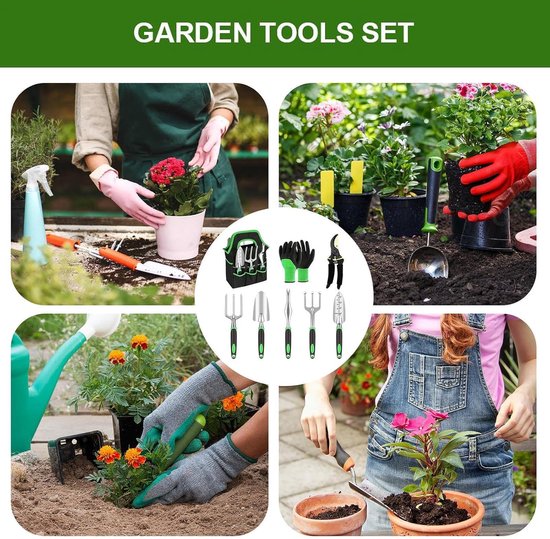 Tuingereedschapset, 8-delige zware tuingereedschapset, inclusief snoeischaar, handschoenen, hark, schep, enz., ergonomisch handgereedschap geschikt voor planten, snoeien en verplanten. van Merkloos	 — afbeelding 5