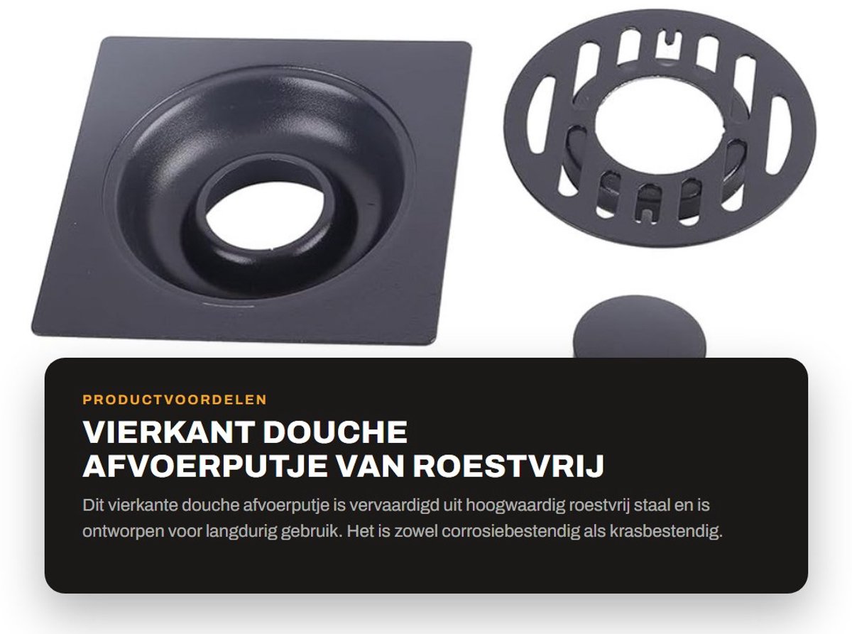 Dailygoods- Afvoerputje Dubbellaags Ontwerp - Roestvrij Staal - Zwart - Afvoerputje Douche - Afvoerputje Buiten - Krasbestendig - 10x10x2,5 cm - Doucheputje