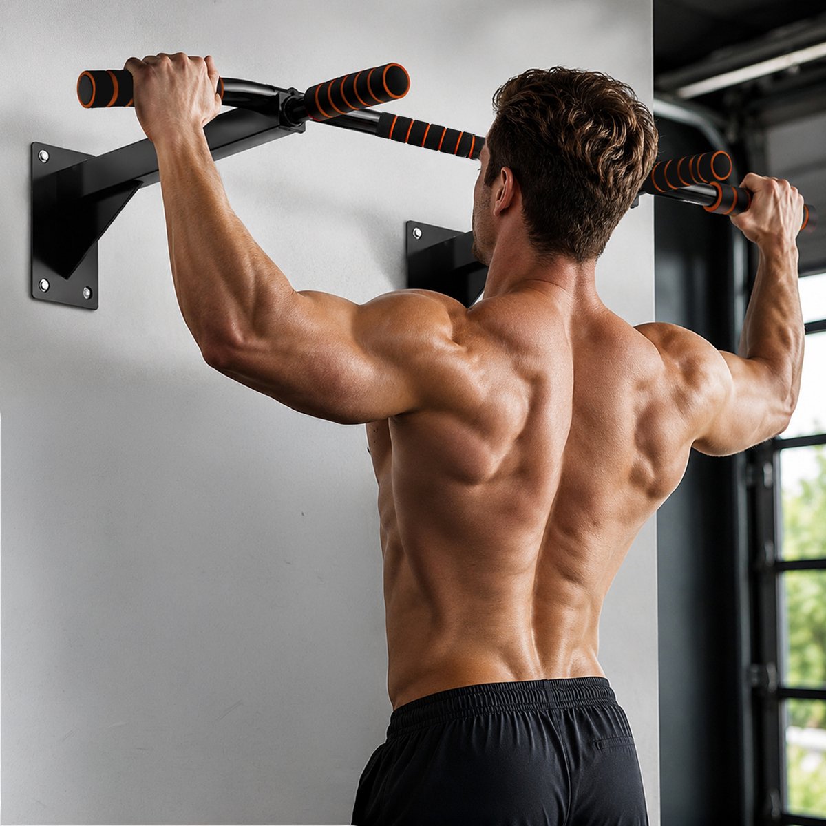 Pull Up Bar - Optrekstang 3-in-1 - Pull Up Station - Optrekstang Wandmontage - Dip Station - Dip Bars - Thuis Sporten - Thuis Fitness - Premium materialen - Extra stevige tot 250KG - Inclusief montage onderdelen - Home workout - Zwart/Oranje thumbnail 2