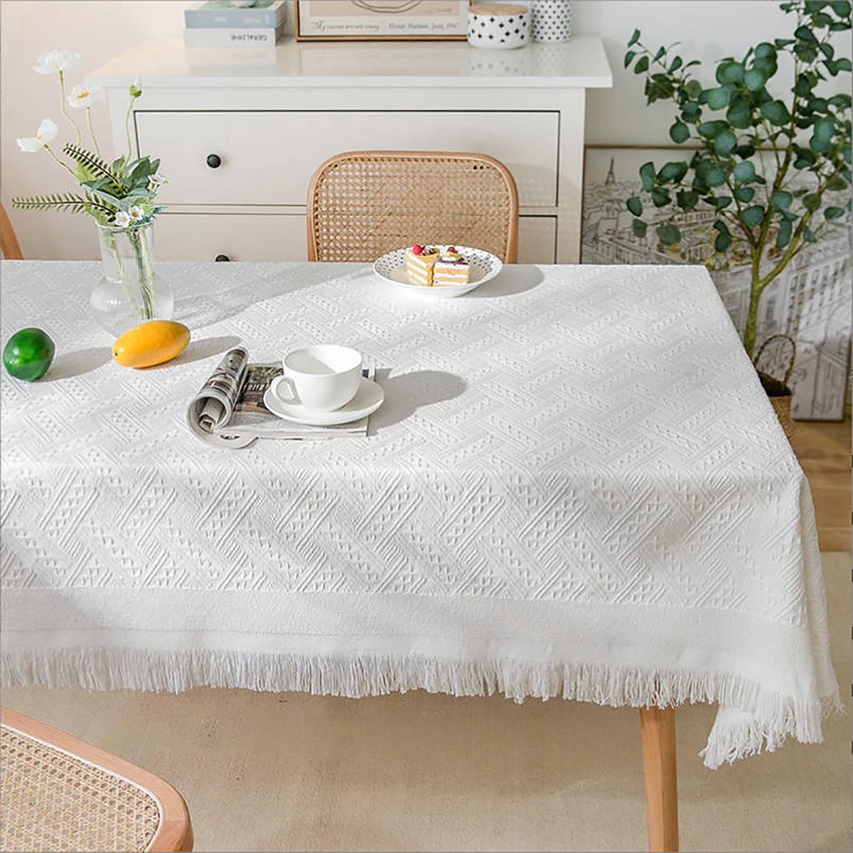 Dailygoods- Tafelkleed Afwasbaar 90x210 cm - Tafelkleed Katoen - Tafelkleed Wit - Tafelkleed met Kwast - Elegant Ontwerp - Hoge Bruikbaarheid - Tafelbedekking