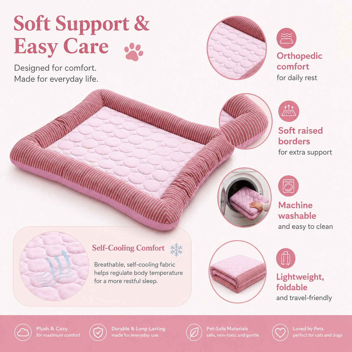 Zelfkoelende Koelmat Hond - M-55*45cm-Comfortabel Koelkussen en Ademende Ijszijde Hondenmand - Wasbare Koeldeken voor Honden en Katten - Roze – foto 4