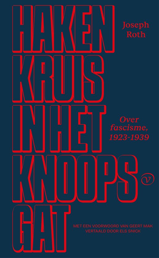 Couverture du livre avec le texte rouge 'Hakenkruis in het knoopsgat' et 'Joseph Roth' sur fond bleu.