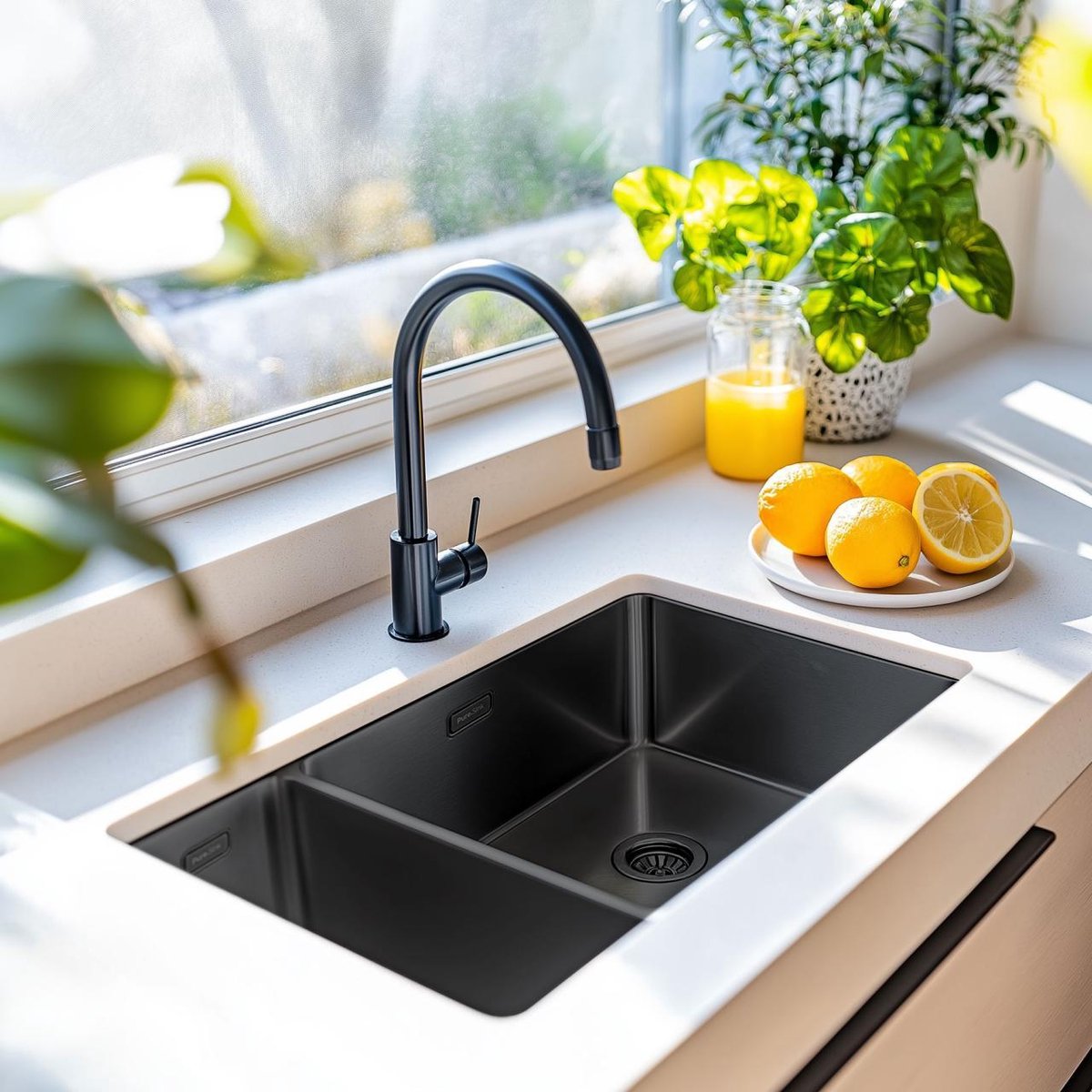 Pure.Sink Comfort 1,5 anderhalve PVD gun metal spoelbak 18+34 cm grote bak rechts PCM183440-61
