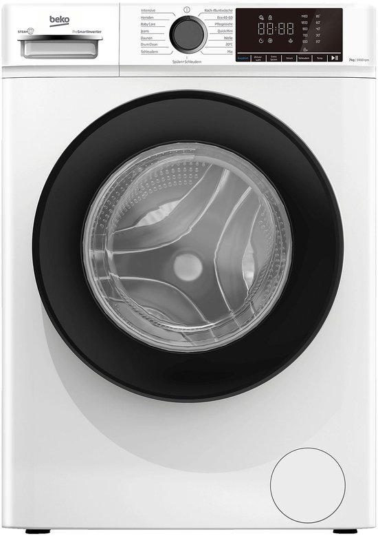 Witte Beko wasmachine met een zwarte deurrand en een digitaal display.