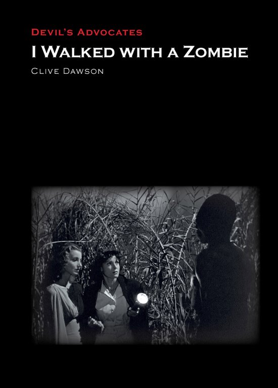 Couverture de livre avec le titre 'I WALKED WITH A ZOMBIE' et une image en noir et blanc de trois personnes dans de hautes herbes, dont une tenant une lampe de poche.