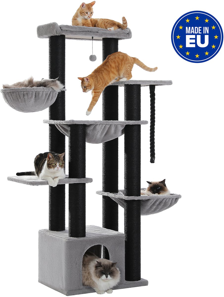 Venzor - Kattenboom XXL – Robuuste Klimtoren voor Grote Katten – Zwart/Grijs – 11 Sisalpalen & Hangmat