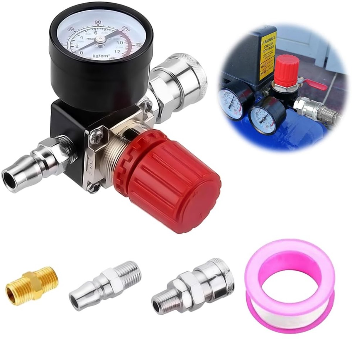 Dailygoods- Drukregelaar 1/4" met manometer - Drukregelaar compressor - Regelventiel - Reduceerventiel - Compacte metalen behuizing - Maximale druk 10 bar - Luchtregelaar