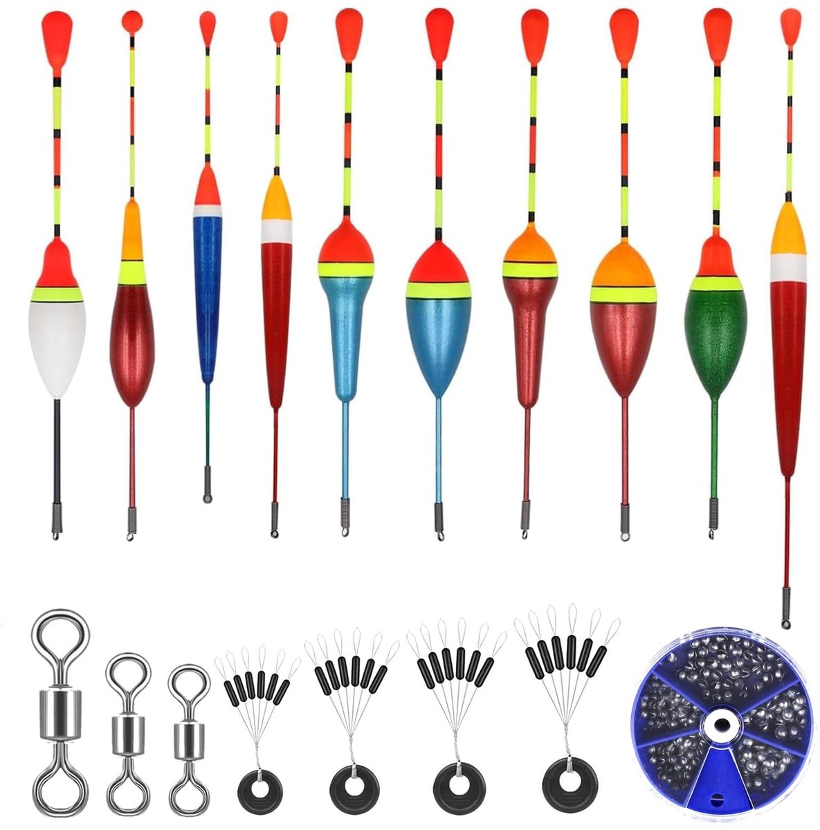 Dailygoods- Dobbers Set van 10 - Hengelaccessoires - Rubber Stoppers - Wervels - Vissen - Meer kleuren - Duurzaam Schuim en Lood - Hengelset