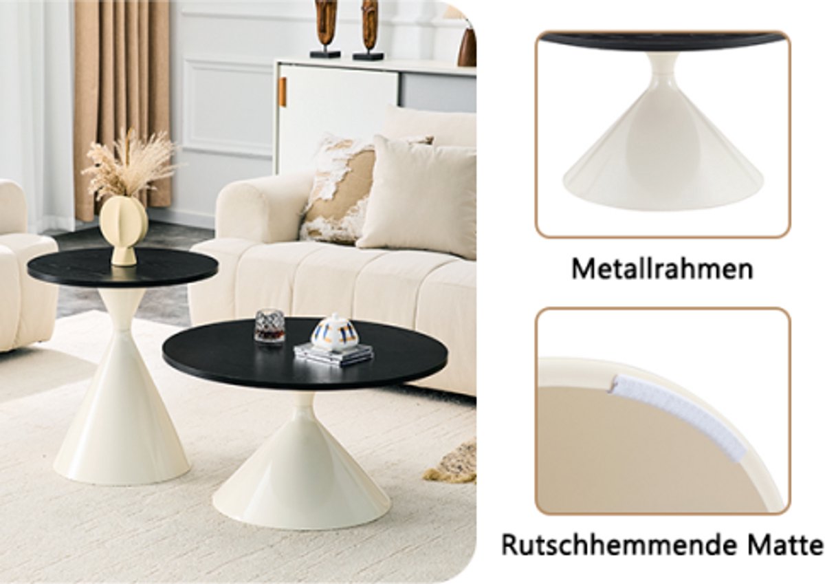 Salontafelset (2 stuks) uit de Zandloper-serie met opvallende kegelvorm, zwarte melamineplaat in houtnerf, crèmekleurige metalen poten, ruimtebesparend stapelbaar – geschikt voor woonkamer, slaapkamer en kantoor