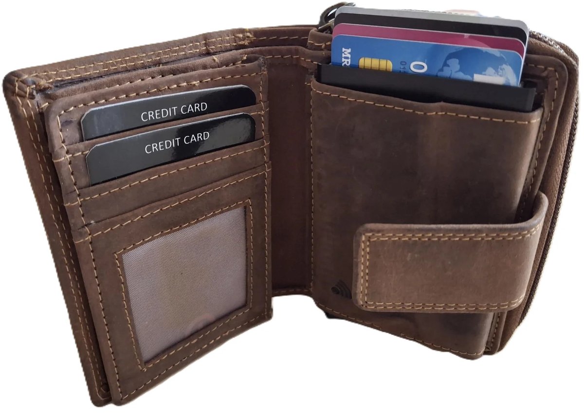 OI Hunter bruine leren ritsportemonnee met cardprotector / portemonnee met Figuretta pasjeshouder en ruim ritsvak voor muntgeld / complete portemonnee met anti skim kastje / leren beurs met metalen pasjeshouder en rits / Hunter bruin leer / 147H