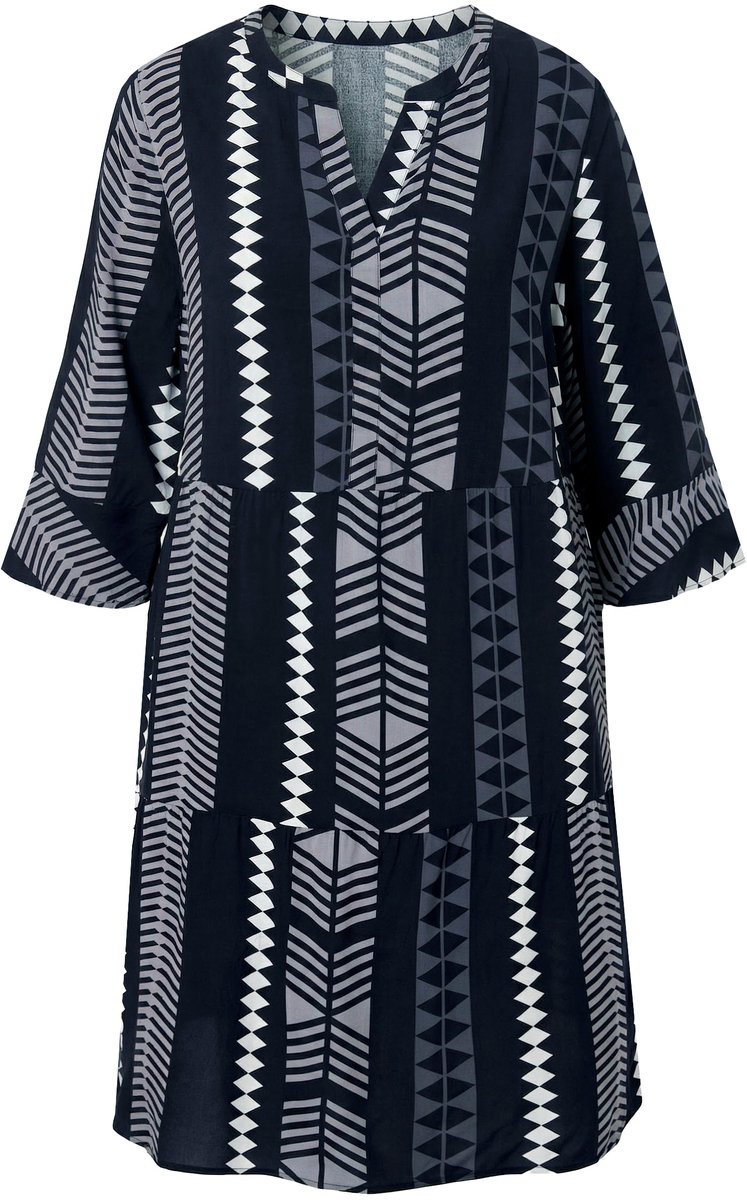 Ulla Popken Dames - Jurk grafische print tuniekhals 3/4-mouwen - Zwart - Maat 46+
