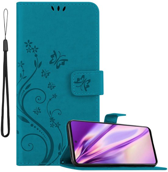 Coque de téléphone turquoise avec imprimé floral et papillons, avec dragonne.