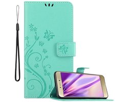 Cadorabo Hoesje geschikt voor Huawei P8 LITE 2017 / P9 LITE 2017 in BLOEMEN TURKOOIS - Beschermhoes in bloemmotief met magnetische sluiting, standfunctie en kaartsleuven Book Case Cover Etui