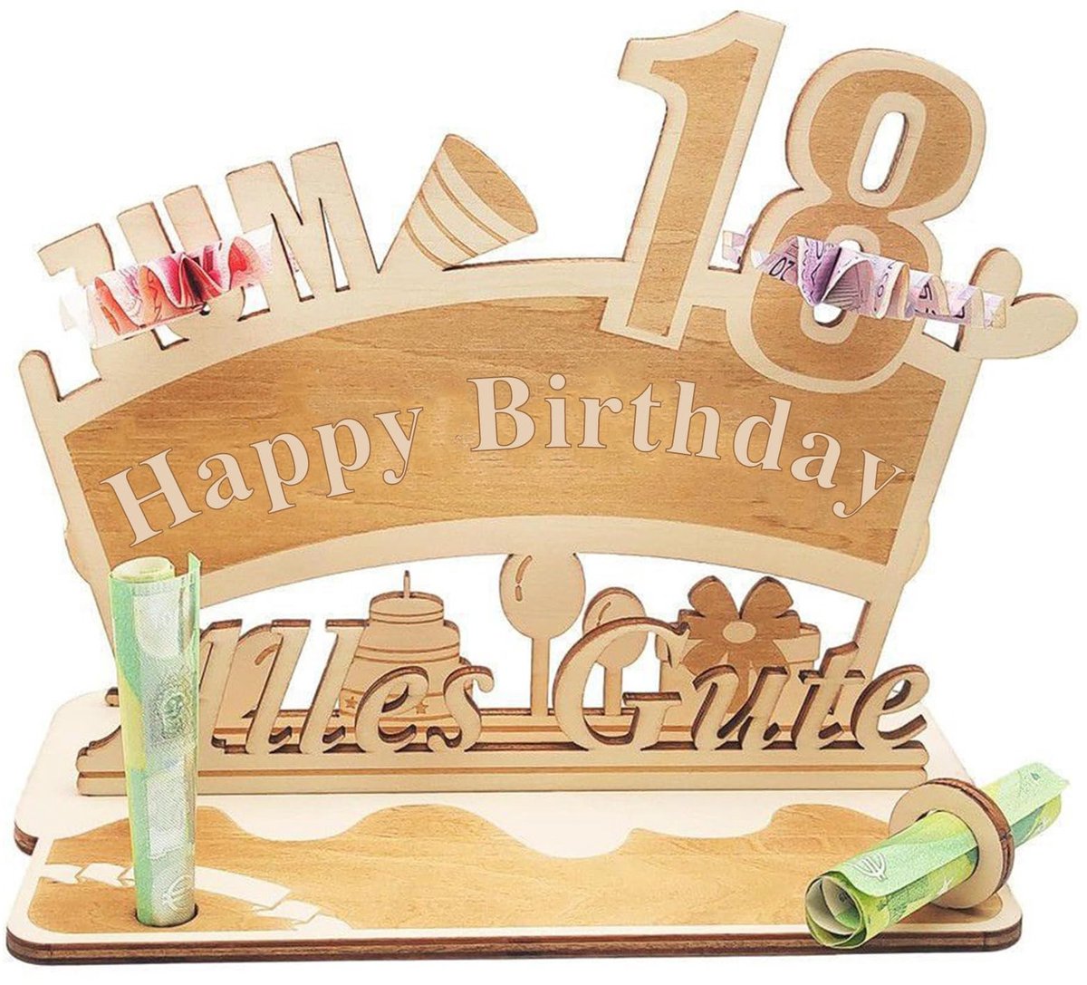 Dailygoods- Wenskaart Houten 18e Verjaardag - Gepersonaliseerd Geldcadeau - Decoratie - Cadeau Ideeën - Eenvoudig Te Monteren - 24 x 17,8 x 12,7 cm - Verjaardagskaart