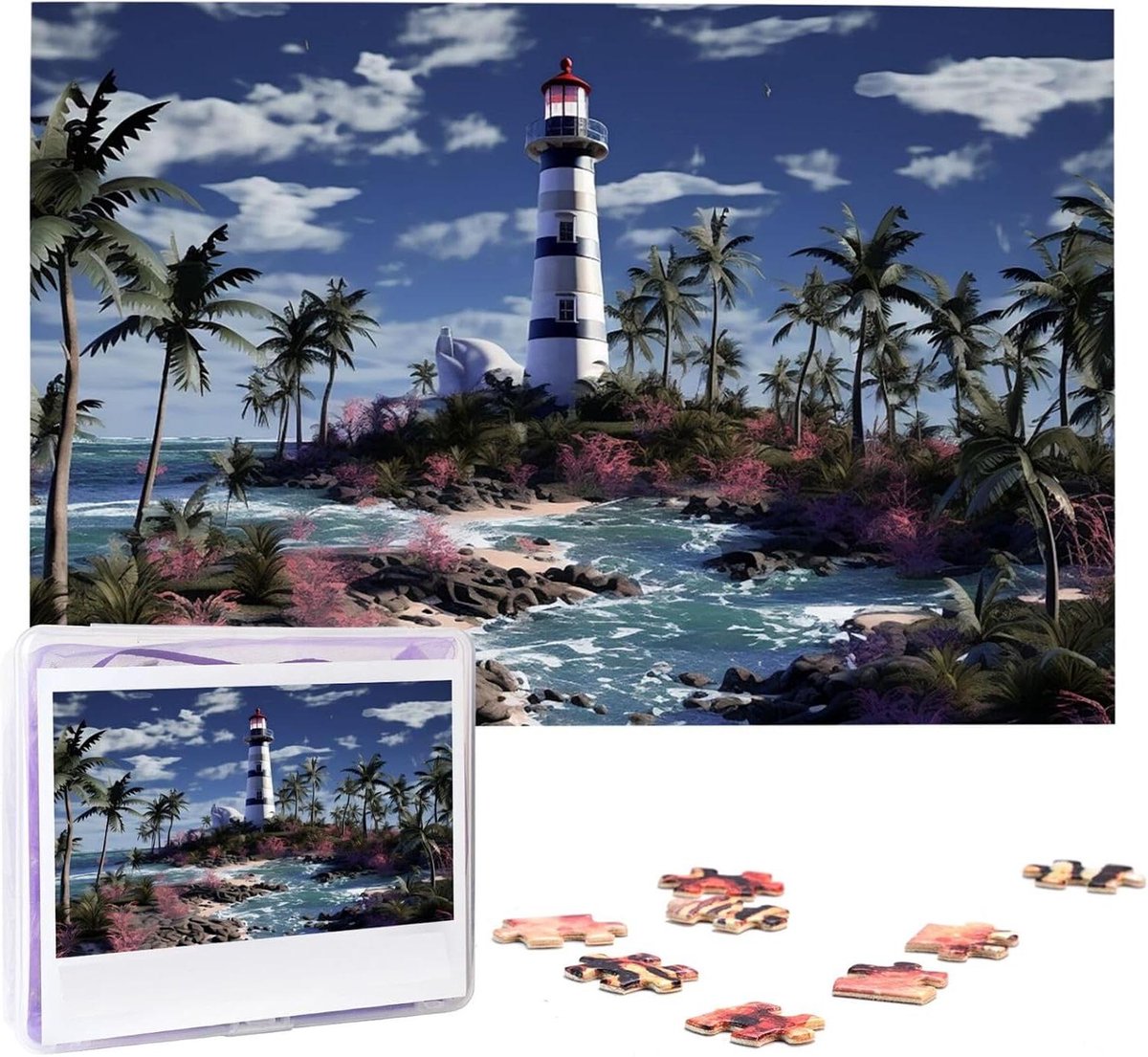Houten Legpuzzel - Foto Puzzel - Gezinsactiviteit - Premium Printing - 1000 Stukjes - Vuurtoren en palmbomen