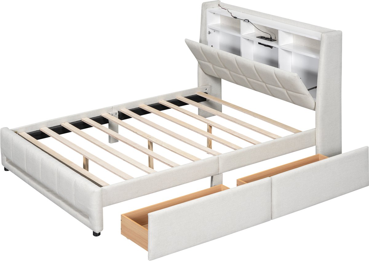 COVREO Polsterbett 140 x 200 cm, Beige, inkl. LED-Licht und USB, Schubladen, Staufach, MDF Hout