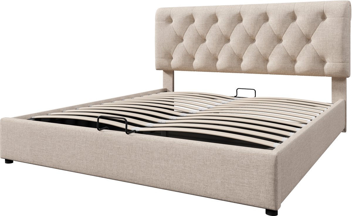 COVREO Bedframe 160x200 cm naturel, stof, opbergruimte, met matras