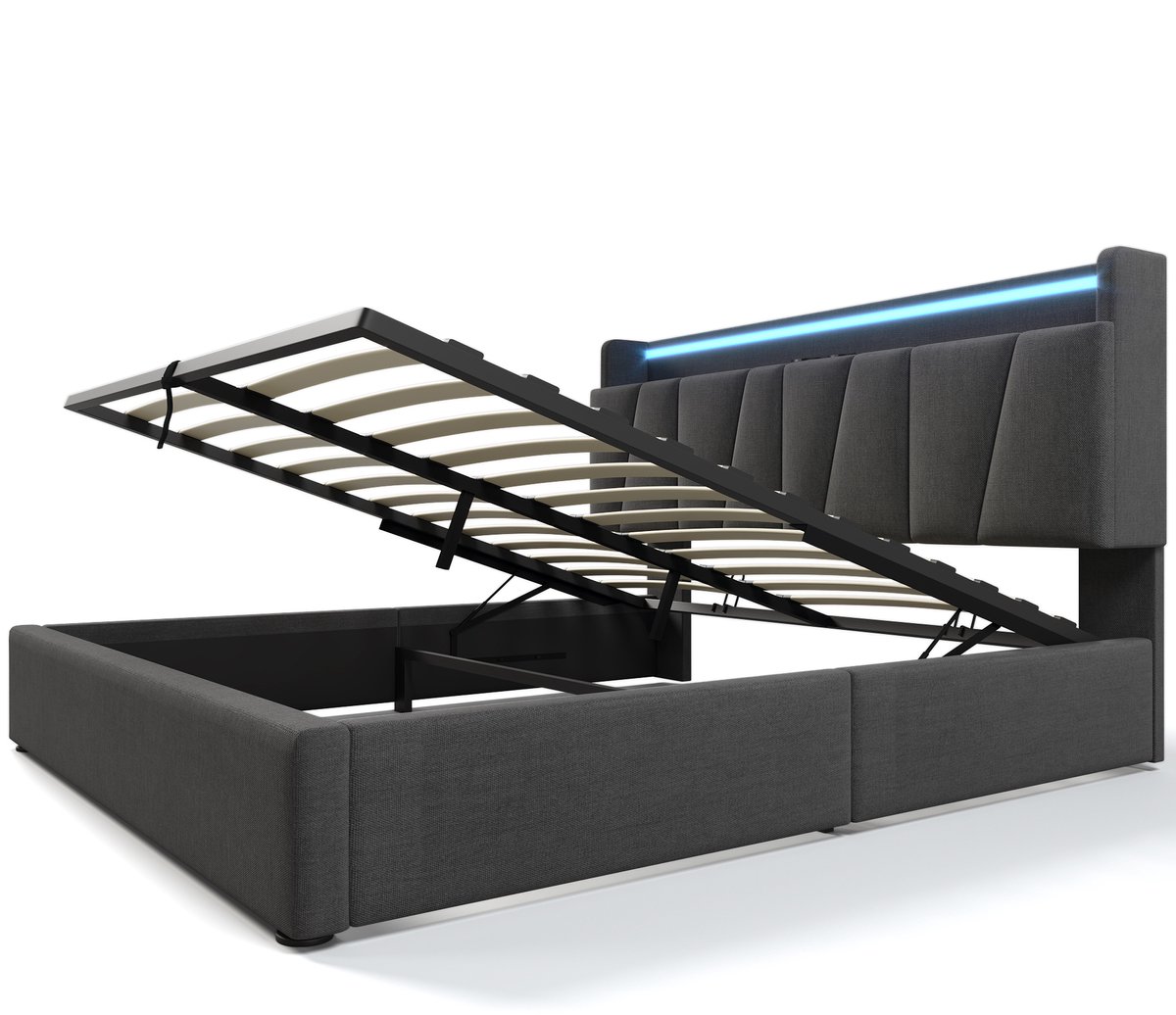 COVREO Opklapbed 140x200cm - Polsterbett met Stauraum-Kopfteil, RGBW LED-App-beheersing & USB-Ladefunctie, 400 lbs draagvermogen, Hout-Lattenbodem - Grau (zonder matras) Grijs