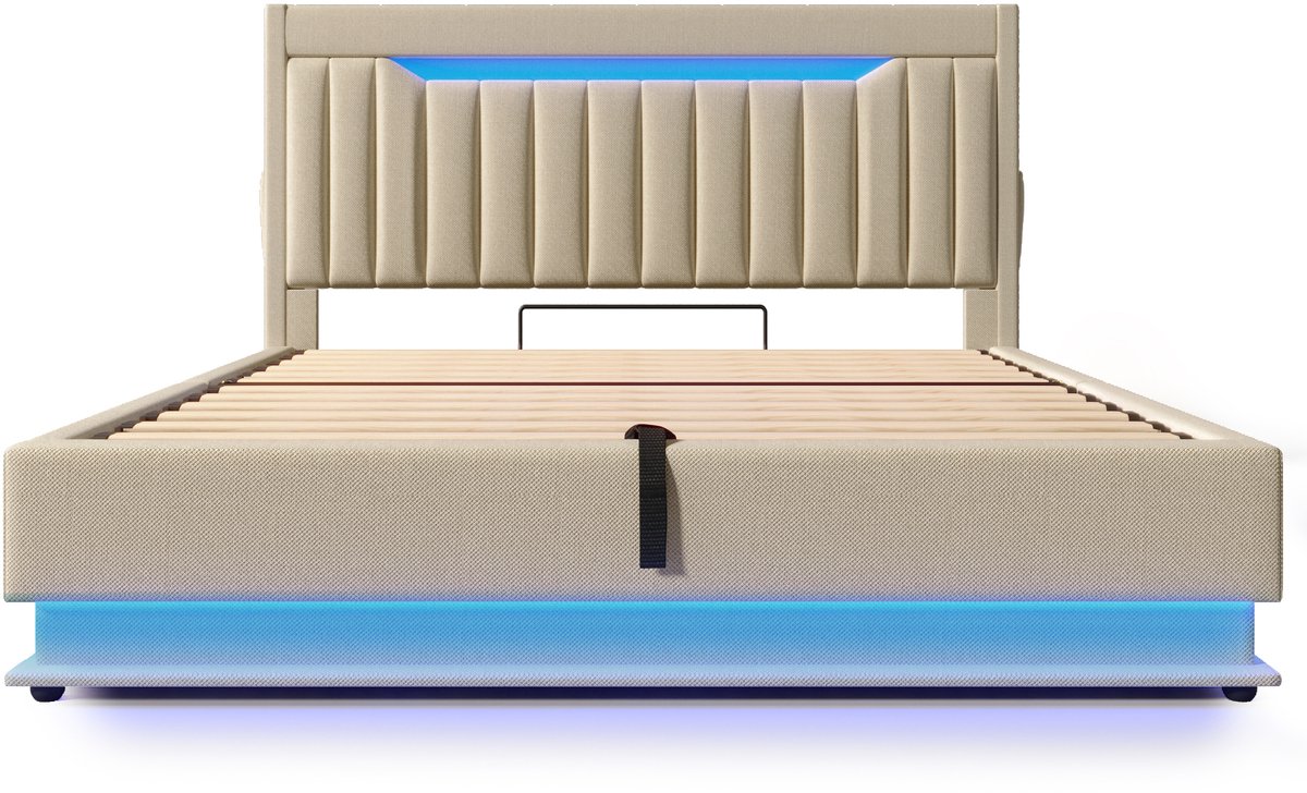 COVREO Gestoffeerd tweepersoonsbed van 140x190 cm met een hoofdbord voorzien van opbergruimte, USB- en Type-C-aansluitingen, ledverlichting aan het hoofd- en voeteneinde, hydraulische opbergruimte en beige linnen bekleding. (Matras niet inbegrepen)