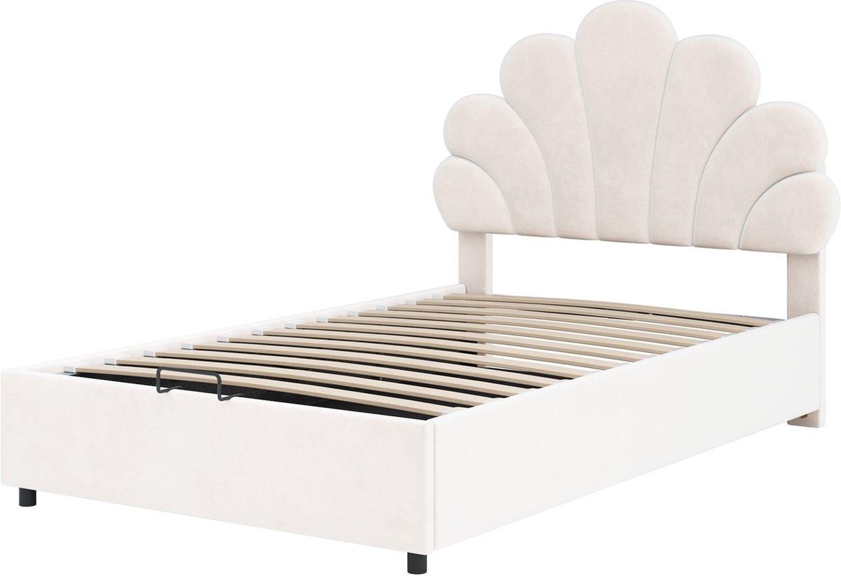 COVREO Bedframe 90x200 cm - beige, stof, opbergruimte, zonder matras