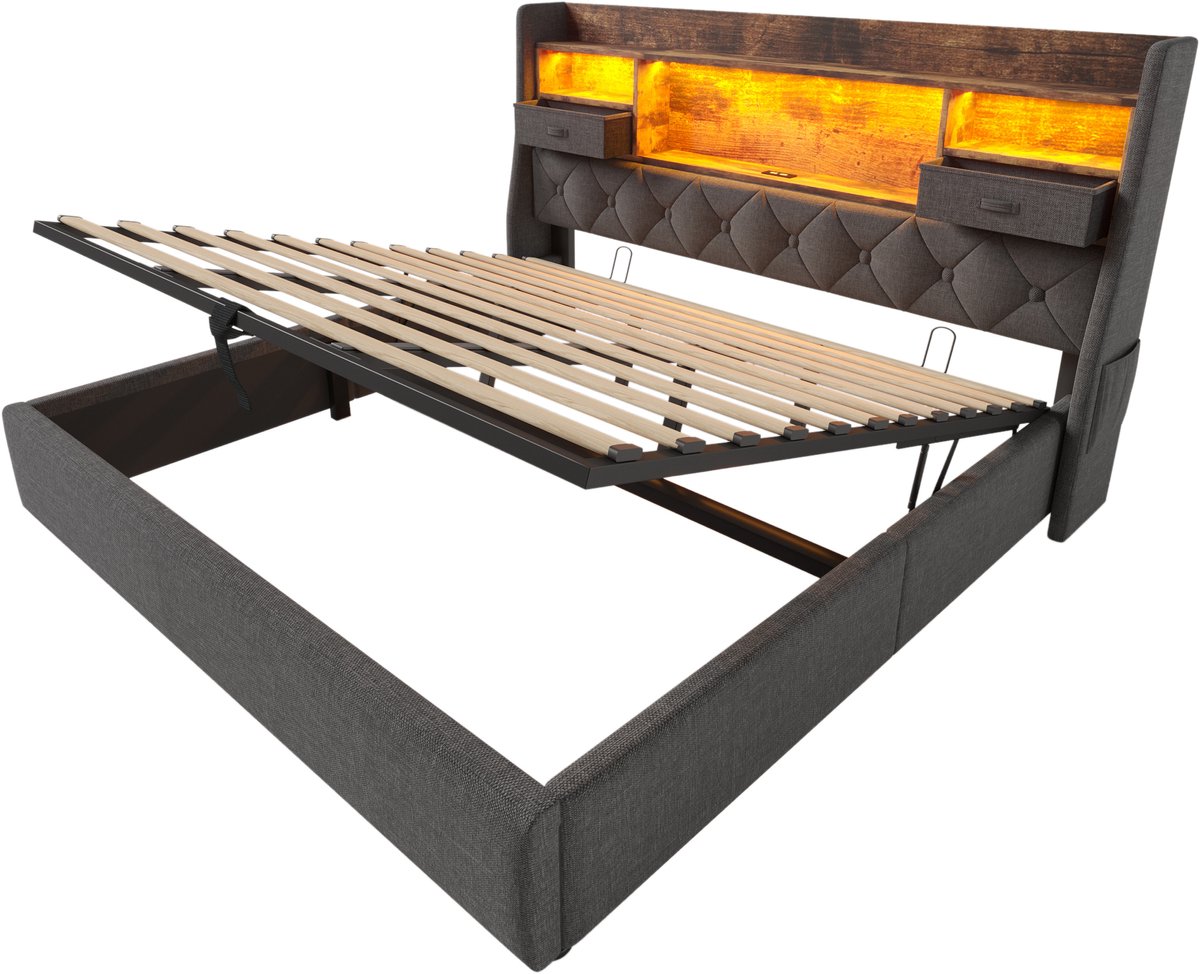 COVREO Bed met opbergruimte – 221x193,5x116 cm – Bedframe met LED en USB-C – Slaapmeubel met lattenbodem – Grijs - zonder matras