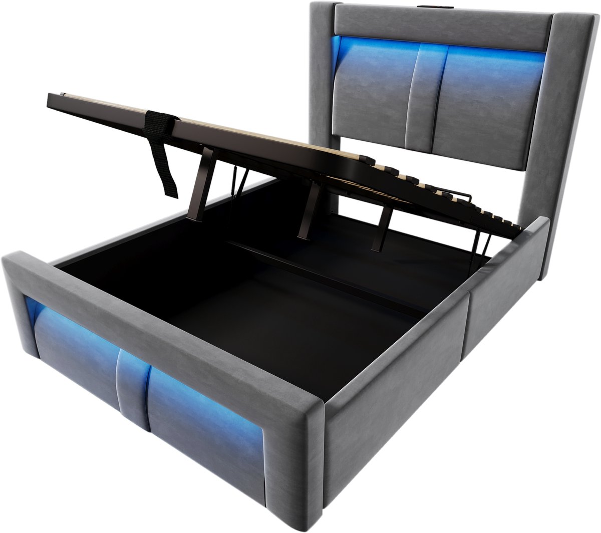 COVREO Bed met opbergruimte – 90x200 cm – Velvet frame van hout en metaal – USB-C en LED-verlichting – Grijs - met matras