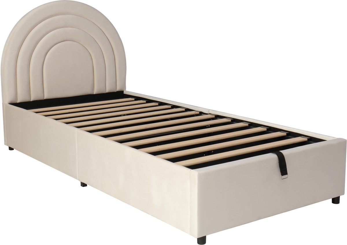 COVREO Gestoffeerd bed met lattenbodem – 211x95x100 cm – Kinderbed voor 90x200 matras – met opbergruimte en hoofdbord – Beige - zonder matras