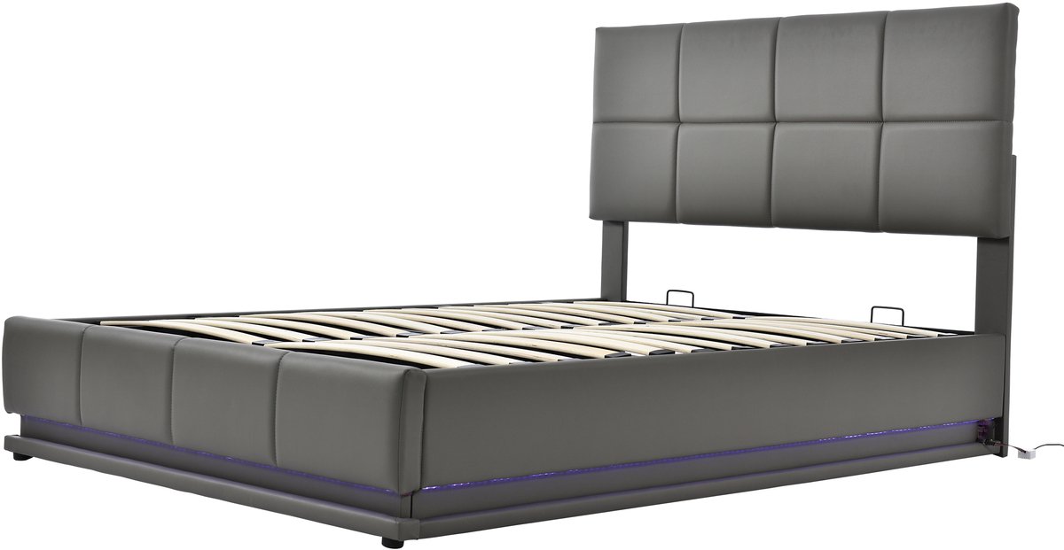 Gestoffeerd bed van 140x200 cm met ledverlichting en hydraulisch liftsysteem, bedframe, lattenbodem, kunstlederen sprei, tweepersoonsbed, bed voor volwassenen/tieners, grijs