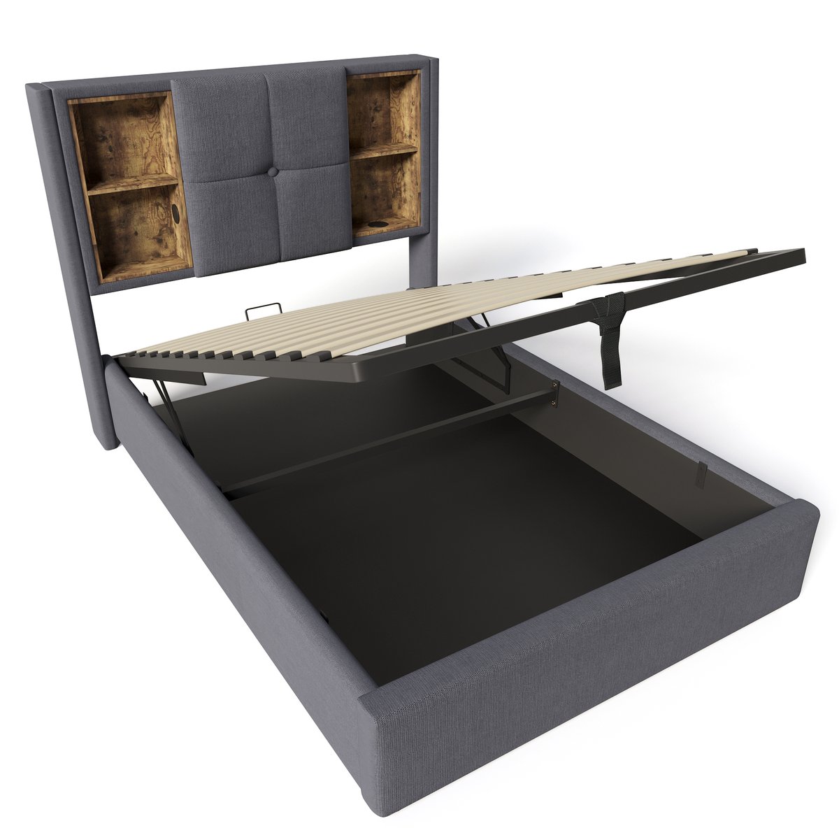COVREO Bedframe 90x200 cm grijs stof met opbergruimte en matras