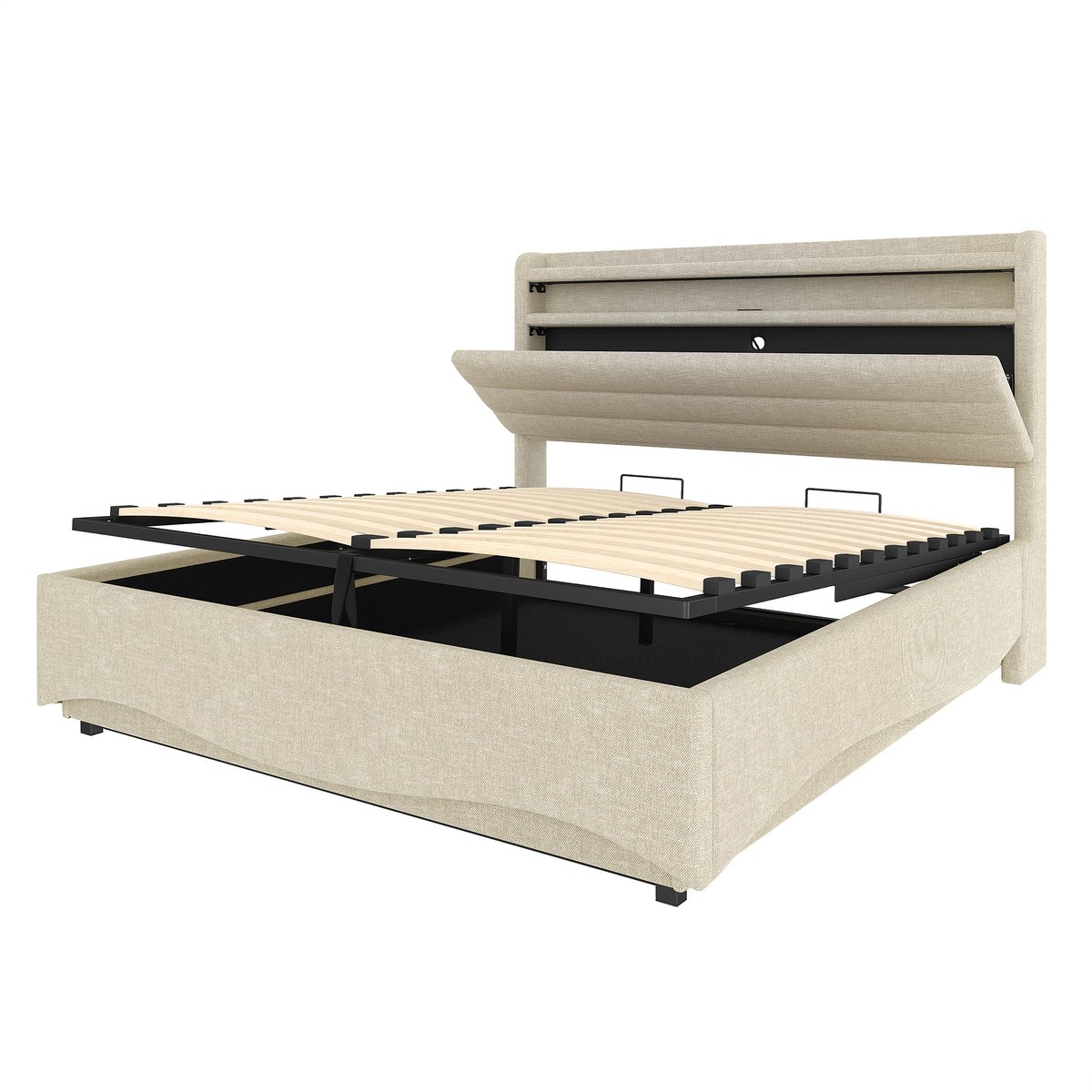 COVREO Bed 140x200 cm - beige, met LED, hydraulische opbergruimte, USB en Type-C