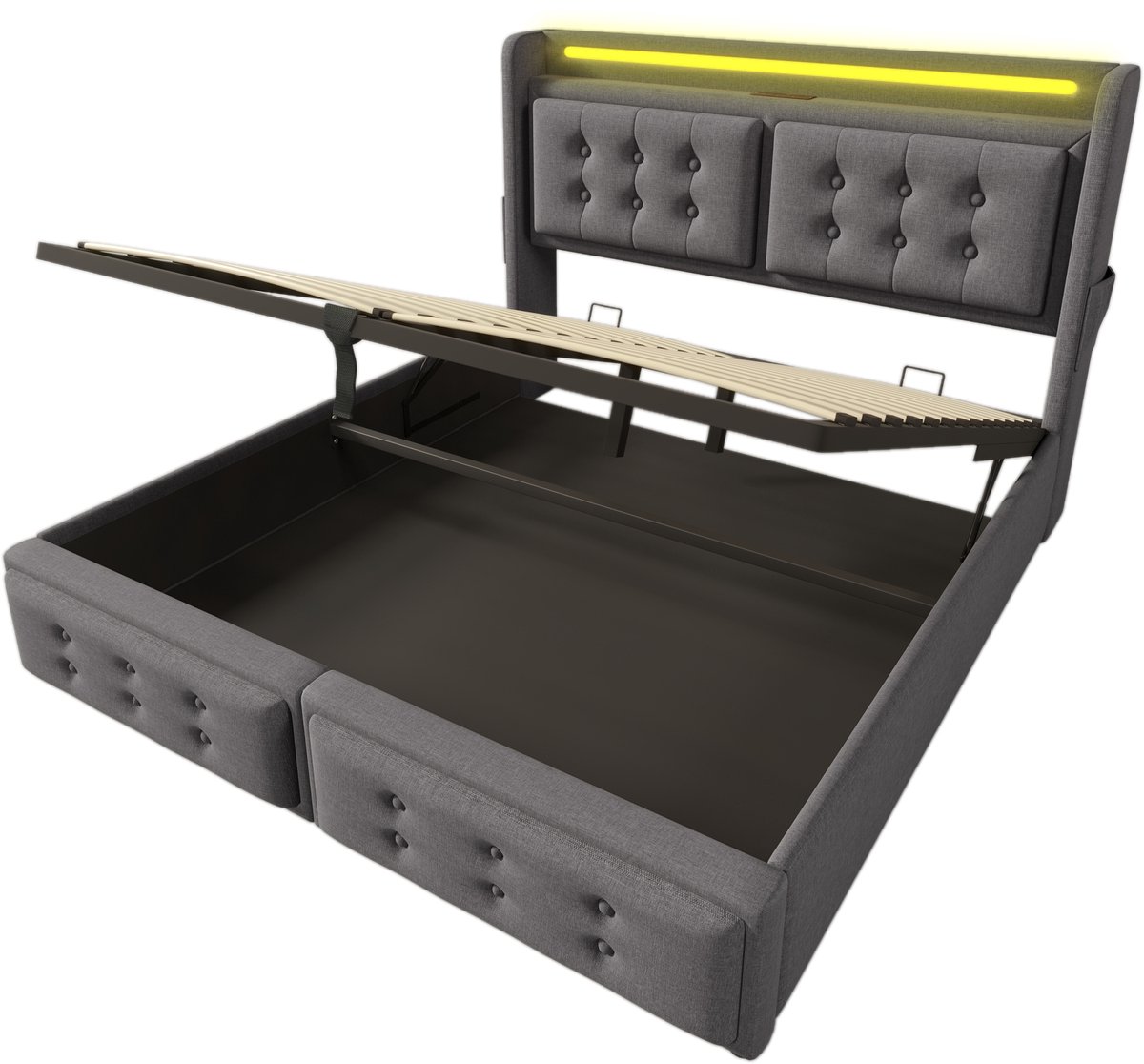 COVREO Bed met LED en USB-C – 160x200 cm – Tweepersoonsbed met lattenbodem – slaapkamerbed met opbergruimte – Grijs - zonder matras