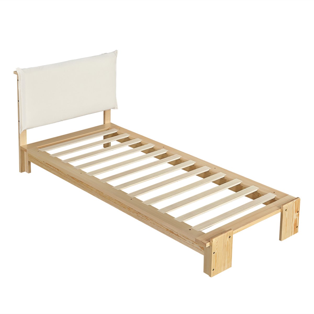 COVREO Bed 208x95x82 cm – naturel hout en stof, 90x200 cm, lattenbodem en gevoerd hoofdbord
