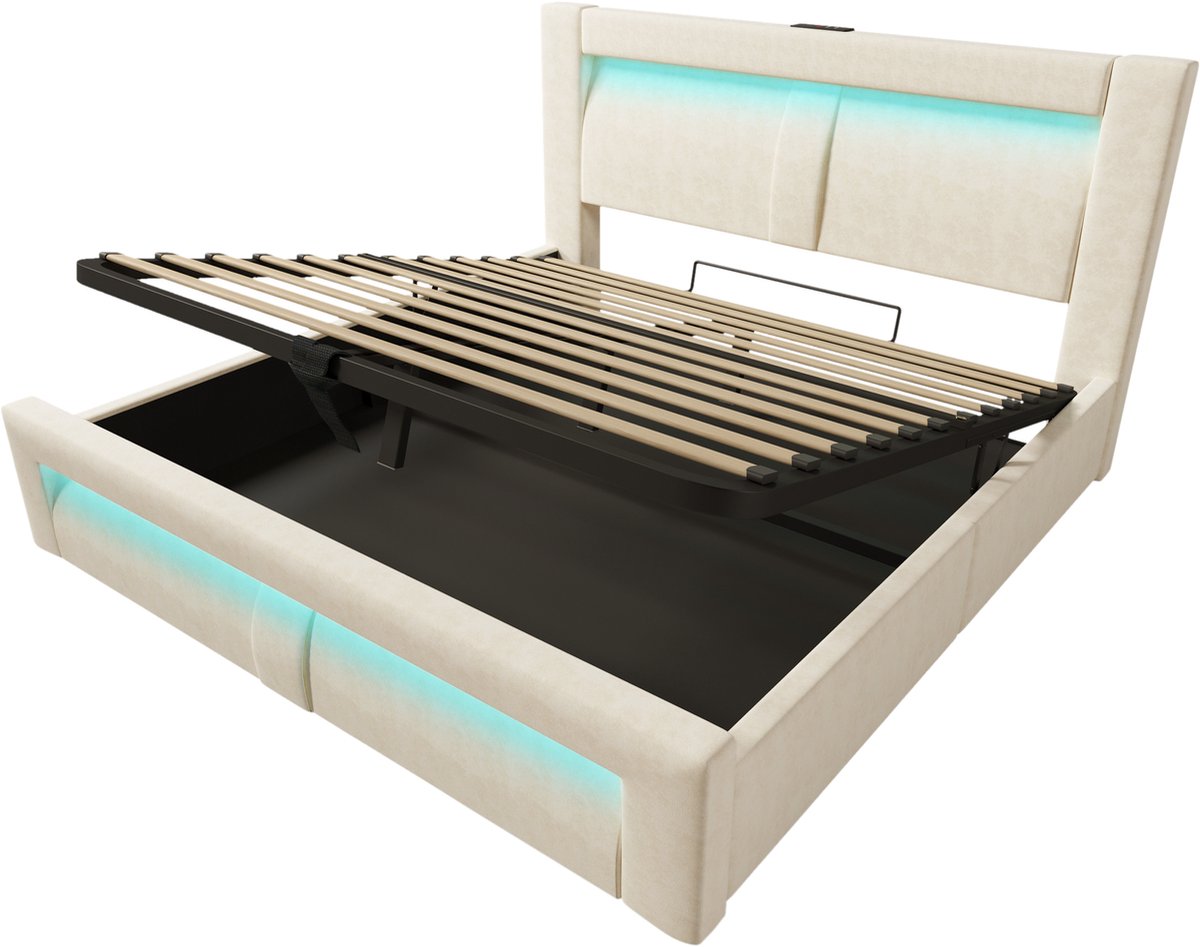 COVREO Tweepersoonsbed (160x200 cm), met opbergruimte, hydraulisch bedframe, via app bedienbare ledverlichting, USB- en Type-C-oplaadpoorten, fluwelen bekleding, gebogen hoofdeinde, beige, inclusief matras.