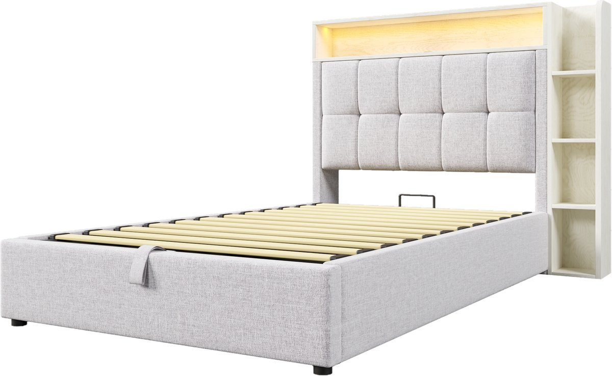 COVREO Bedframe 90x200 cm beige, met LED en opbergruimte, zonder matras