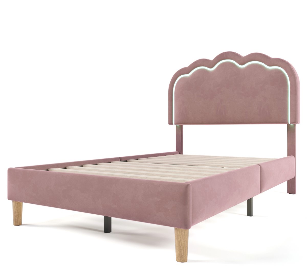COVREO Bed 101x207 cm – roze stof, LED-hoofdbord, verstelbaar hoofdeinde, lattenbodem