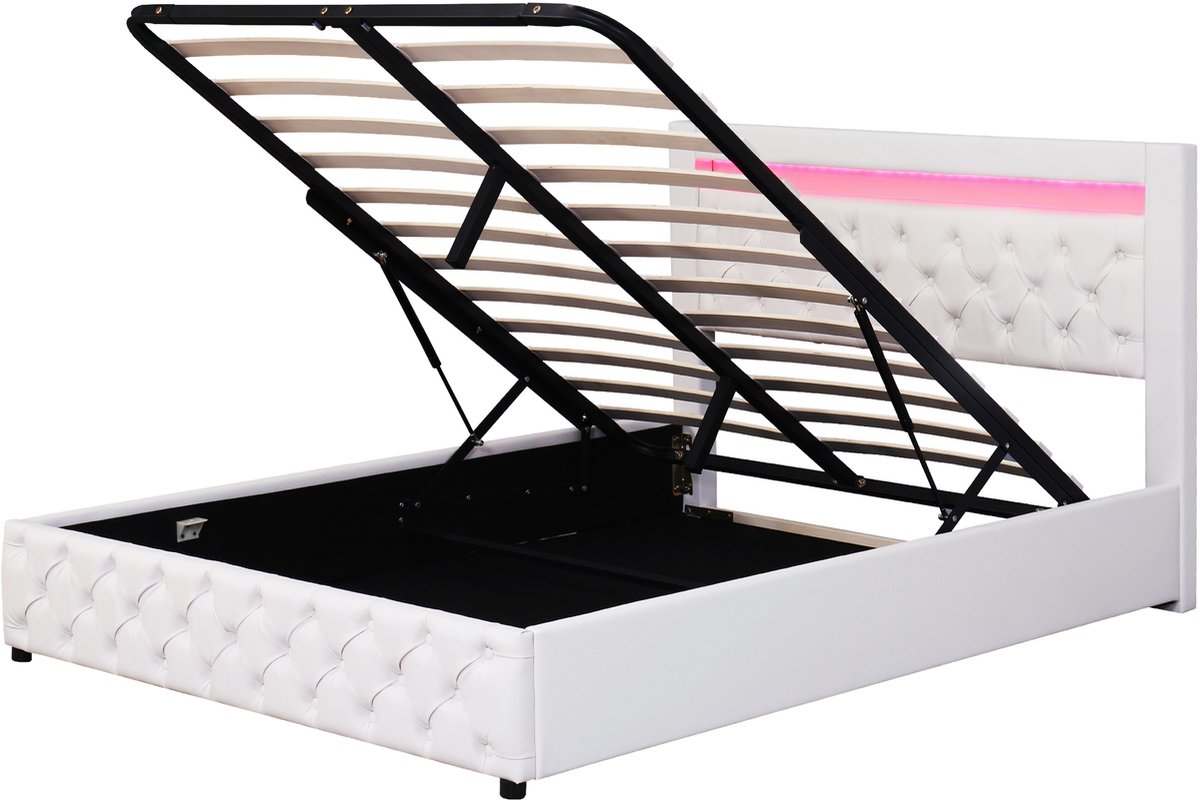 COVREO Bedframe 160x200 cm wit PU, LED en opbergruimte, zonder matras