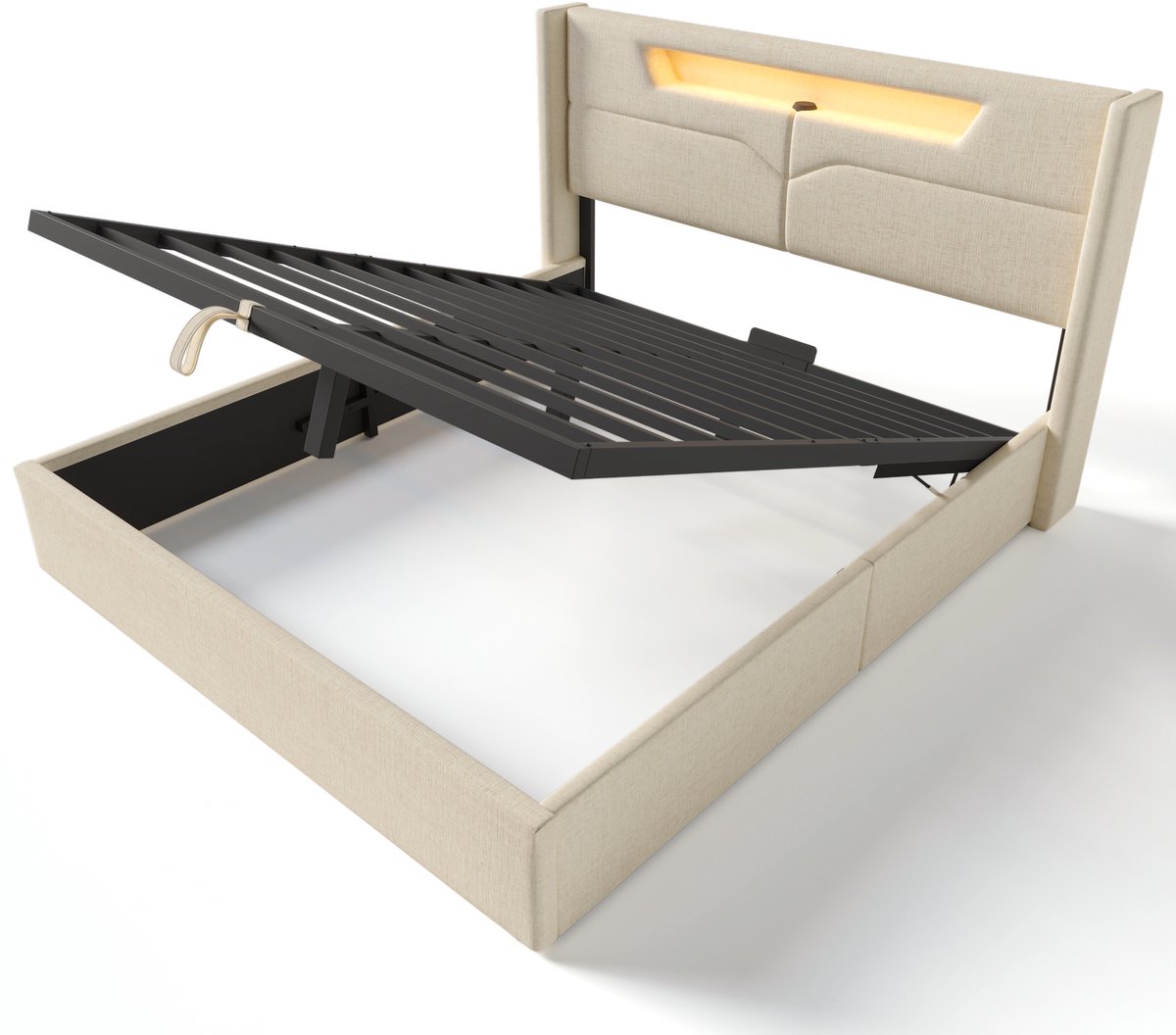 COVREO Gestoffeerd bed met ledverlichting, tweepersoonsbed met USB Type-C-oplaadpunt en ledverlichting, bed met opbergruimte, linnen bedframe, tienerbed van 140x200 cm met lattenbodem (inclusief matras). Beige