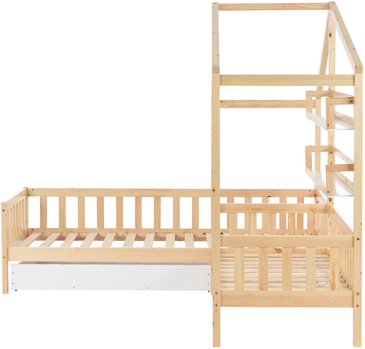 Kinderbed in cottage-stijl met lades en planken, massief hout, met leuningen en lattenbodem, L-vormige structuur, natuurlijke houtkleur (90x200 cm + 140x70 cm).