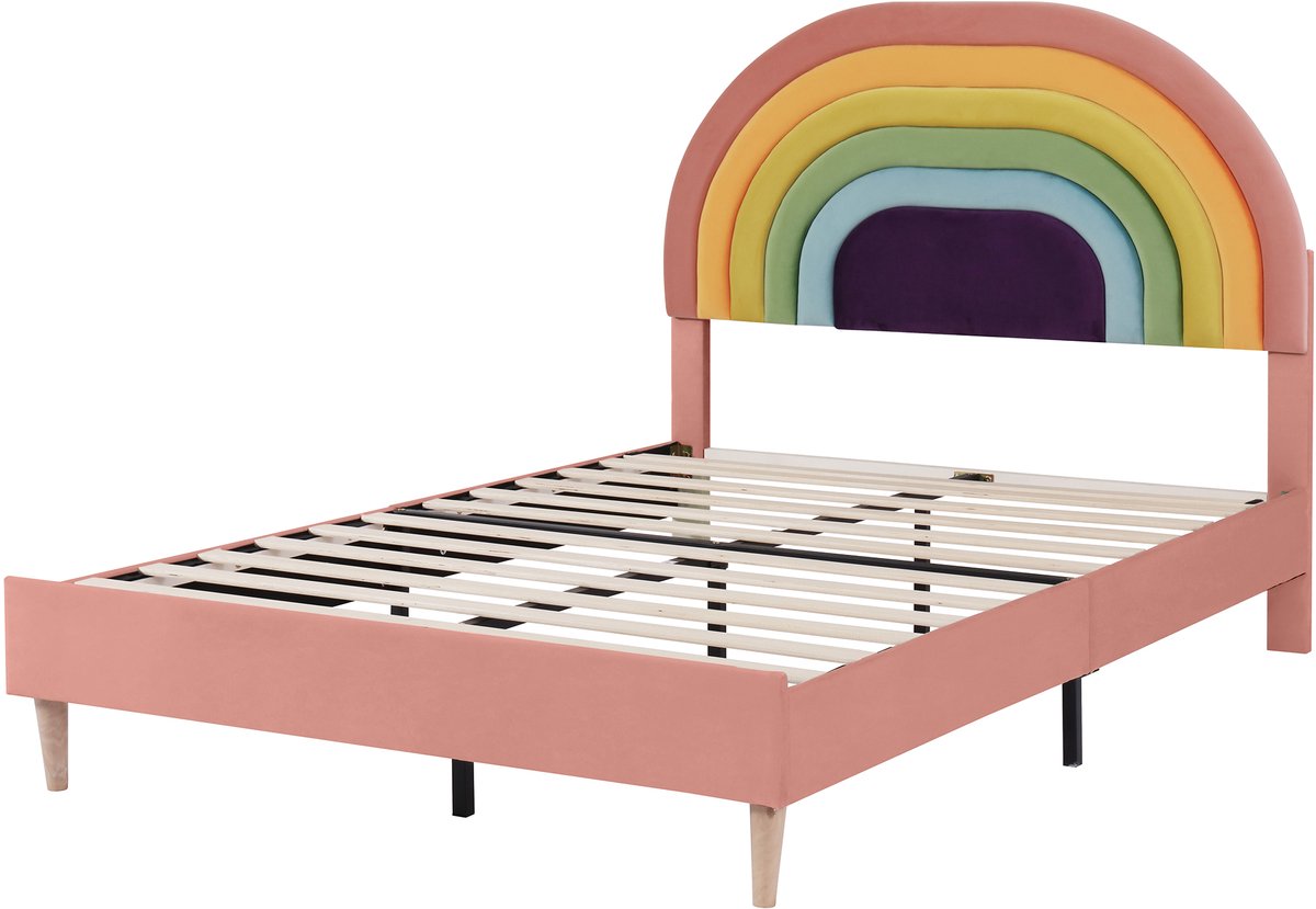 COVREO Bed 140x200 cm – roze stof, lattenbodem, verstelbaar hoofdeind