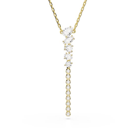 Gouden collier met een verticale rij van verschillende geslepen kristallen, die kleiner worden naar beneden toe.